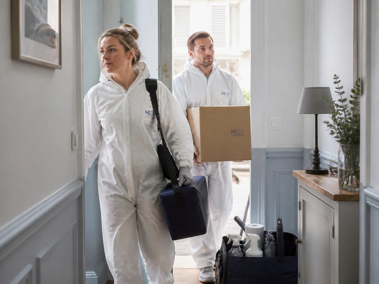 Équipe professionnelle en combinaison blanche dans un appartement