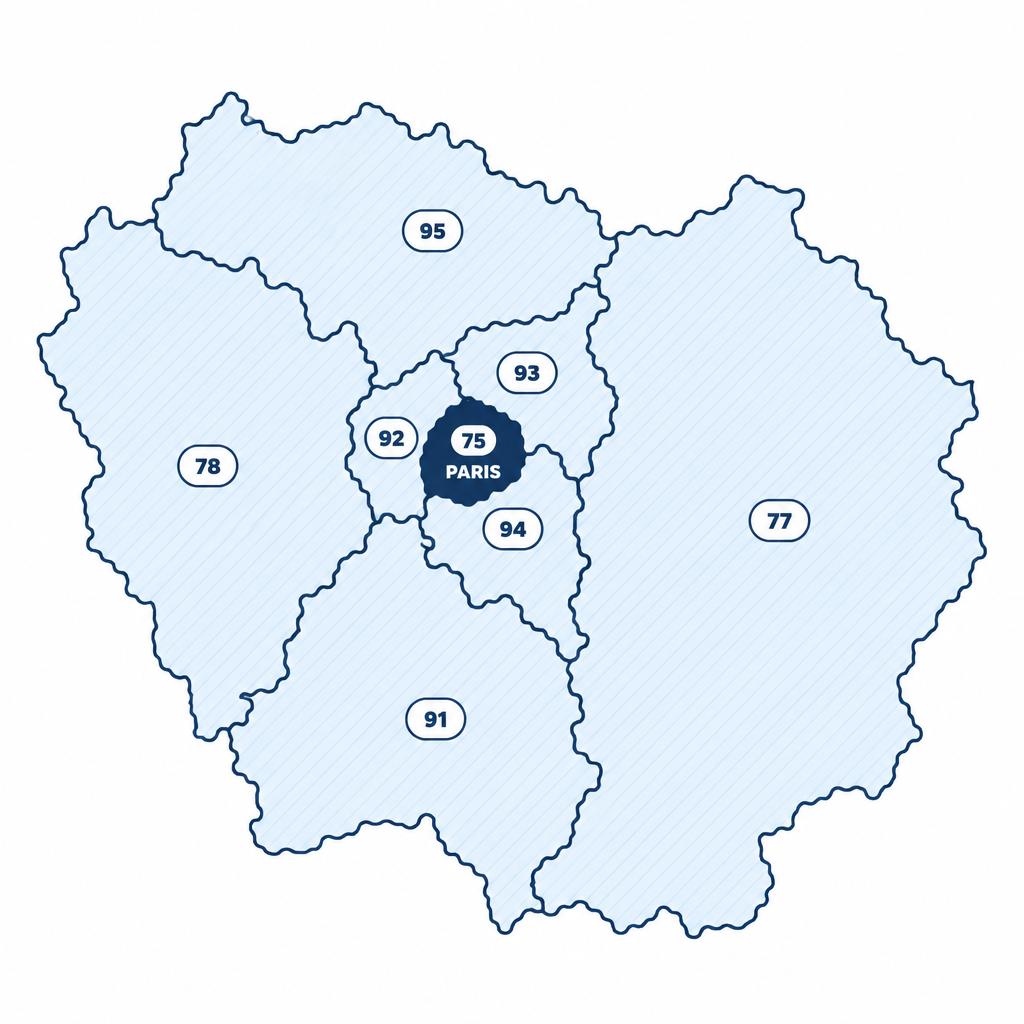 Carte des 8 départements d'Île-de-France couverts par nos équipes, avec Paris au centre